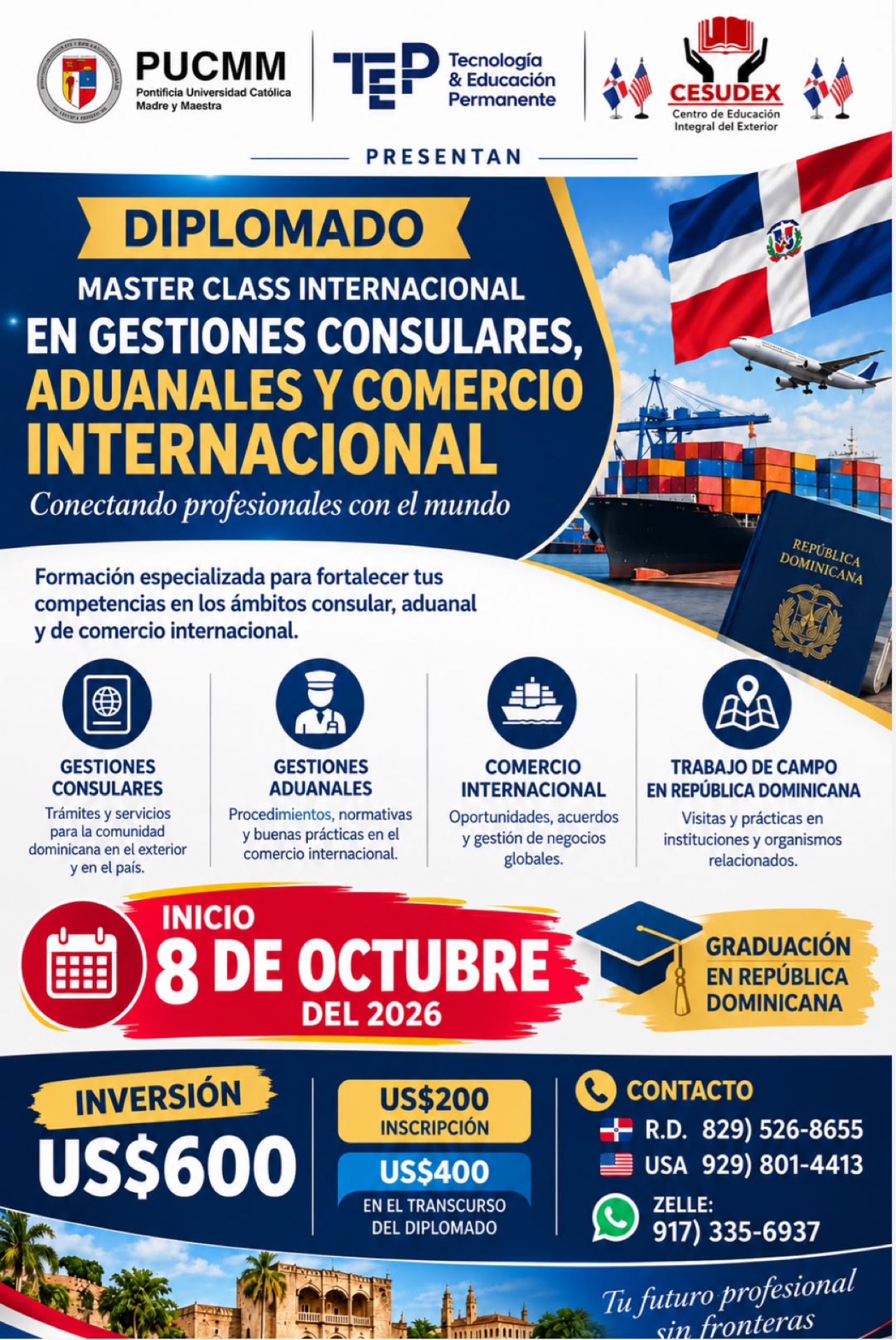 Afiche del Diplomado Master Class Internacional en Gestiones Consulares, Aduanales y Comercio Internacional