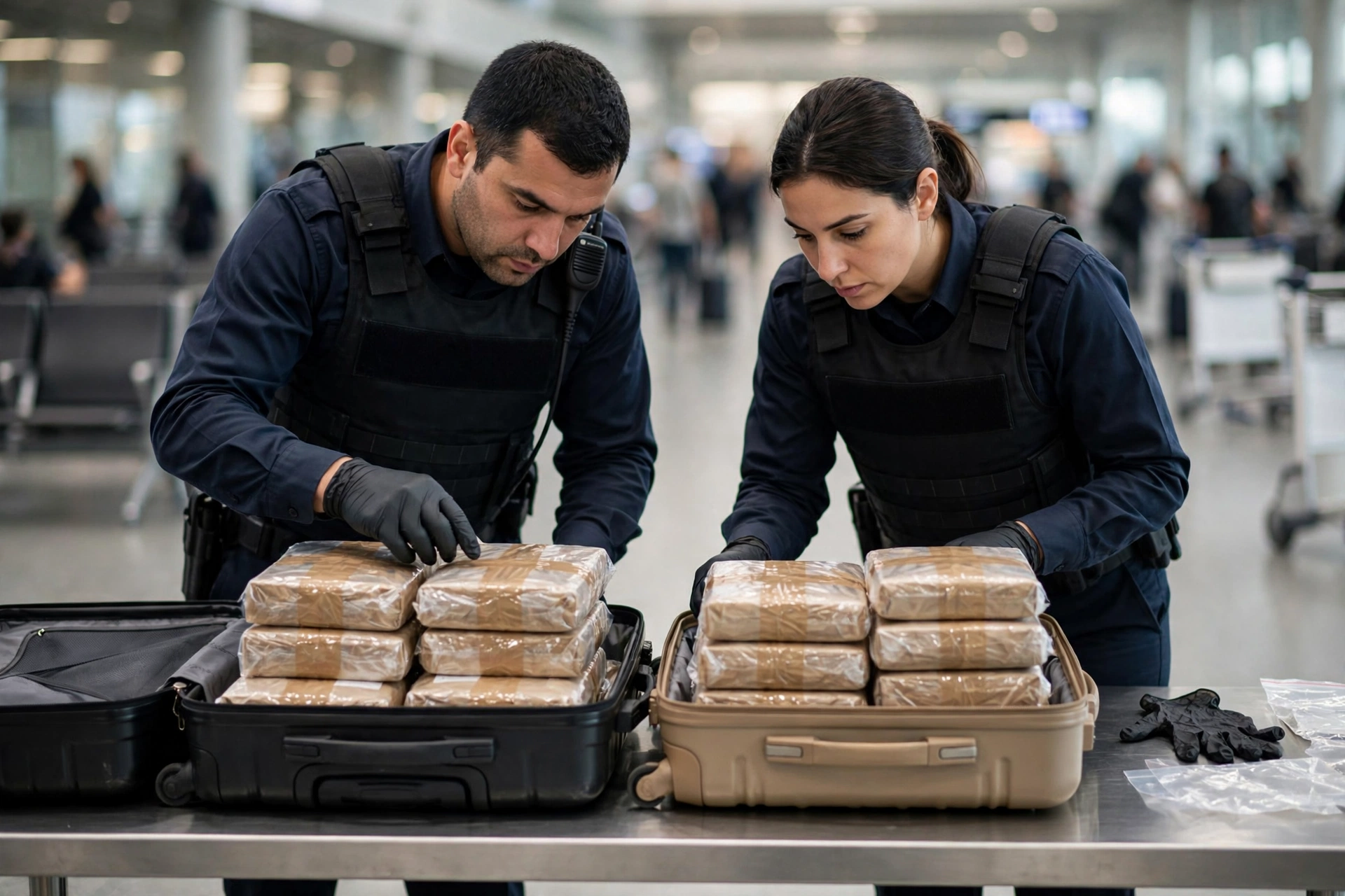 Agentes aeroportuarios inspeccionan paquetes dentro de dos maletas