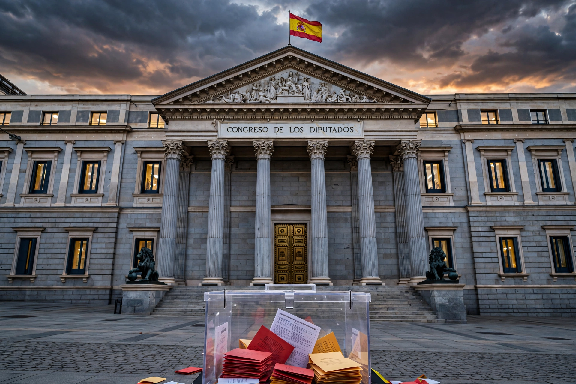 Congreso de los Diputados de España con una urna electoral en primer plano