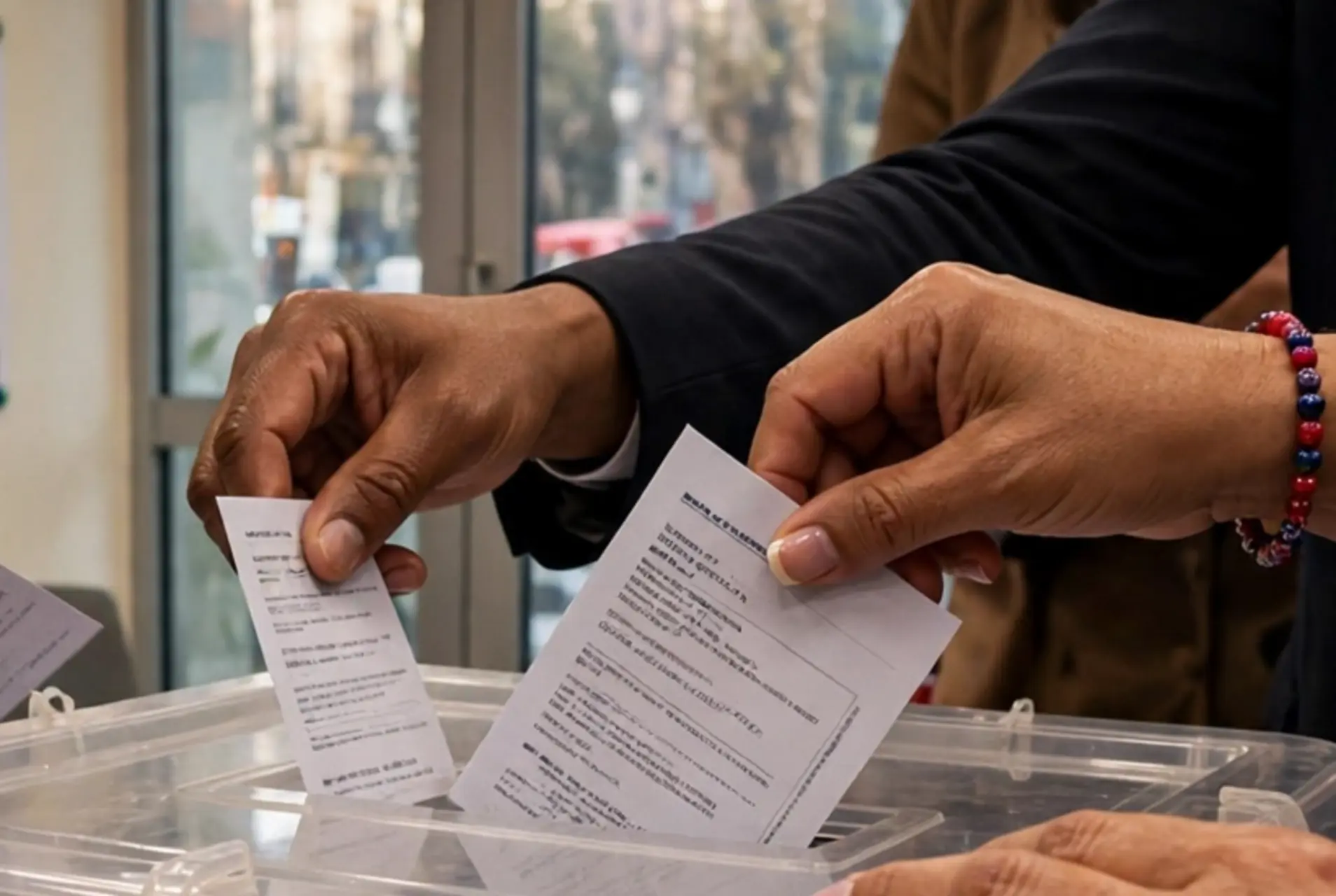 Manos de votantes dominicanos depositando sus boletas en una urna en el extranjero