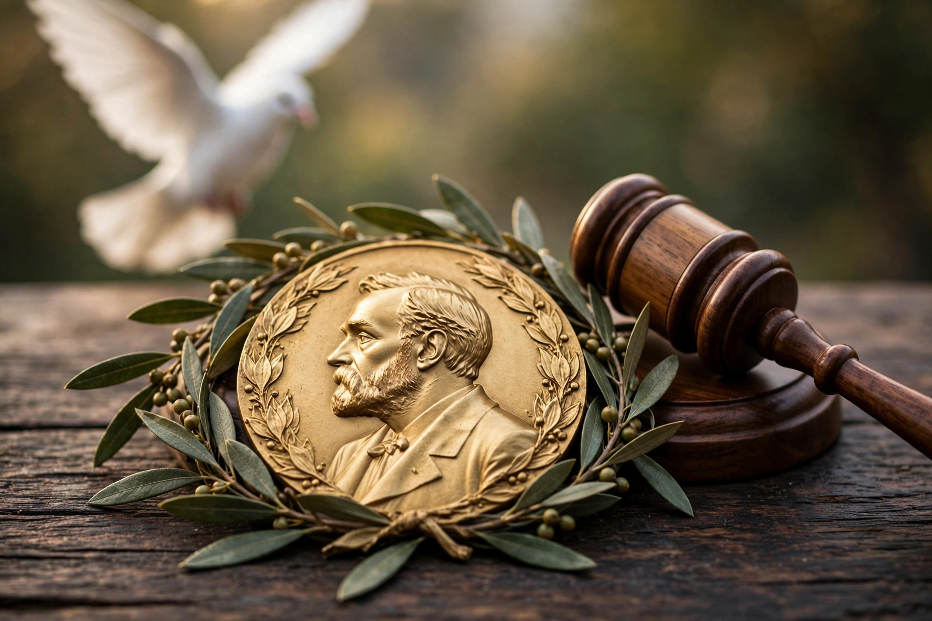 Medalla del Premio Nobel junto a un mazo judicial y una paloma blanca