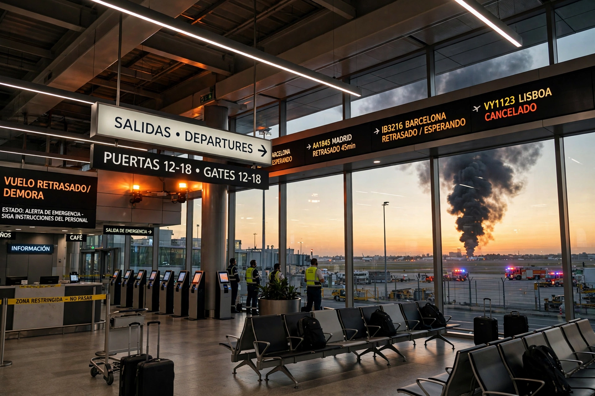 Terminal de aeropuerto al atardecer con una columna de humo a lo lejos y equipos de emergencia