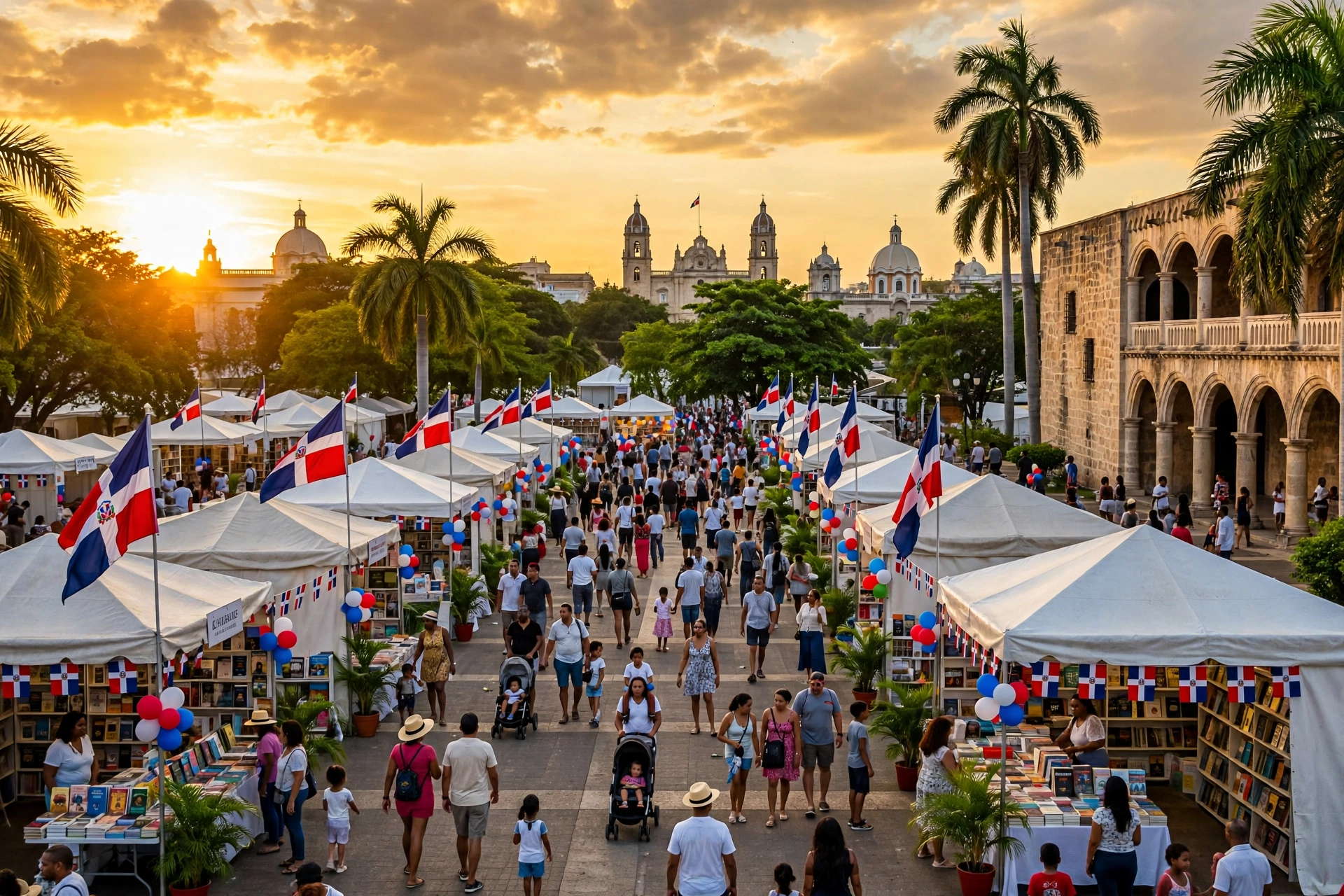 Feria del Libro en Santo Domingo con casetas, visitantes y banderas dominicanas